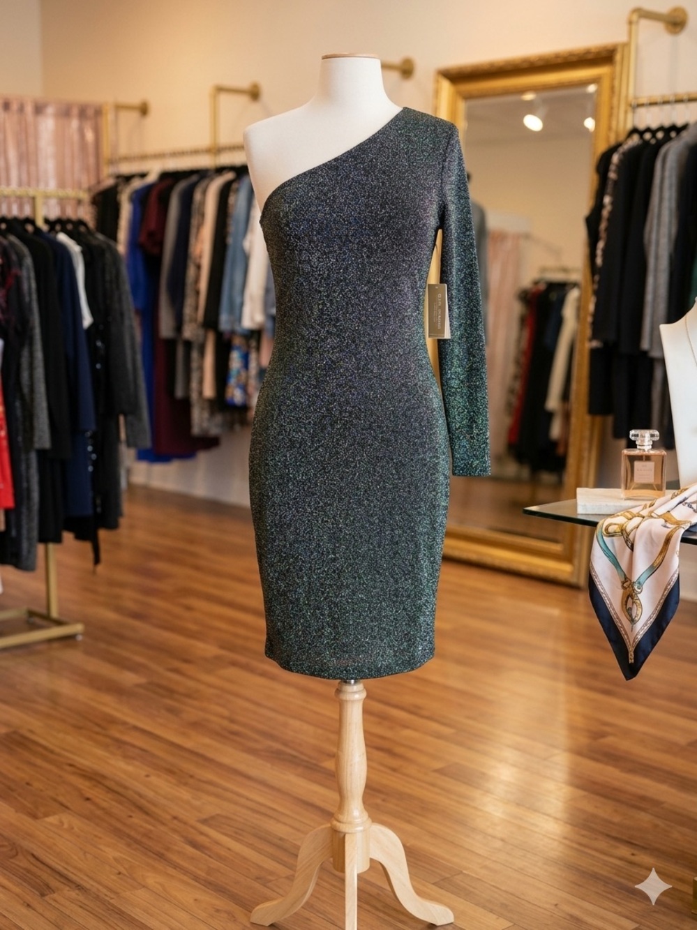 MICHAEL Michael Kors One-Shoulder Metallic Green Sheath Dress